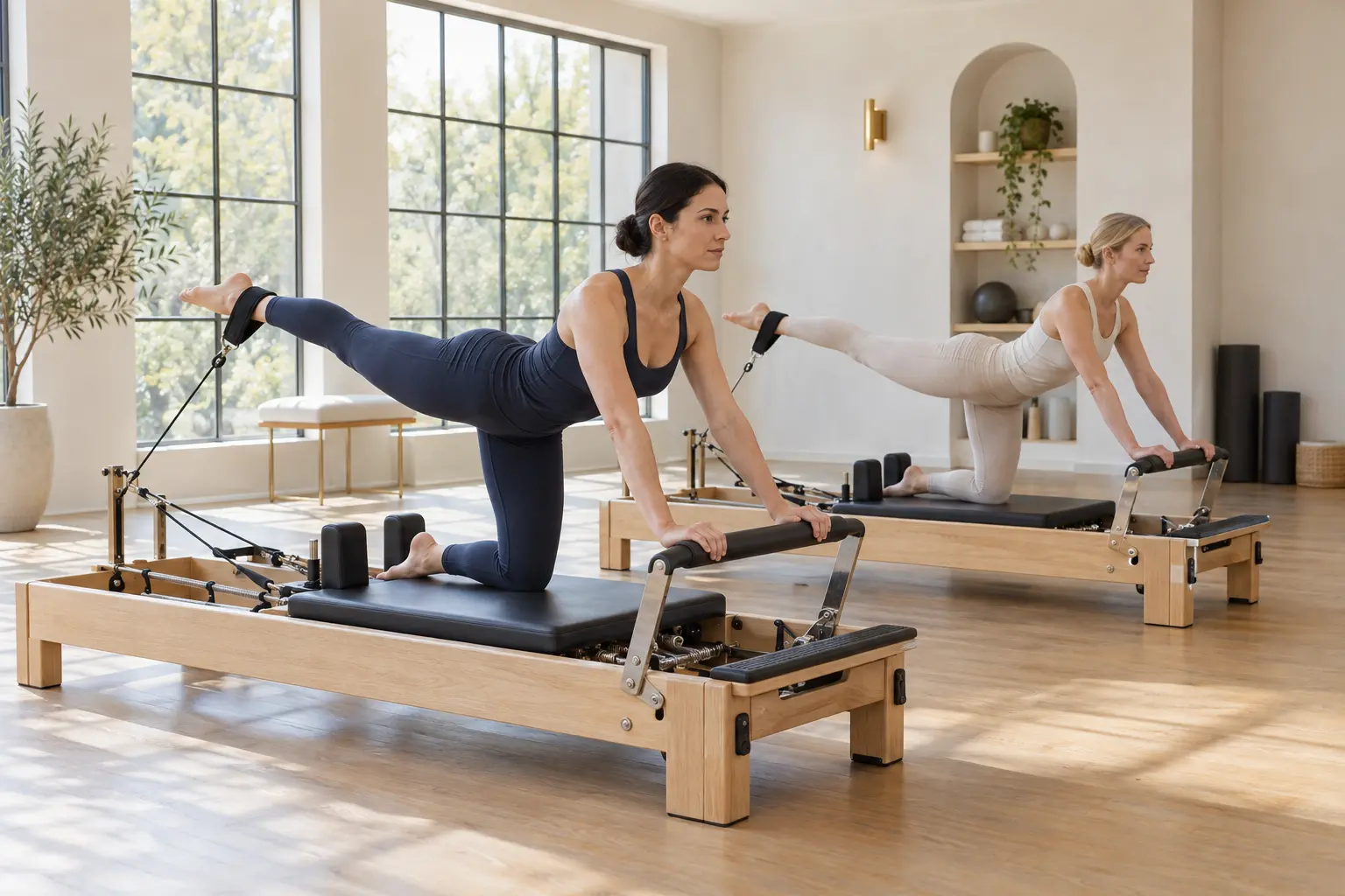 Reformer Pilates aletlerinde egzersiz yapan iki kadın